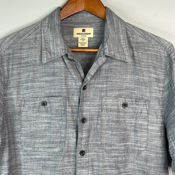 WOOLRICH Mens Blue Marled Chambray Button Up Shirt Short Sleeves Cotton Preppy S - Picture 3 of 11